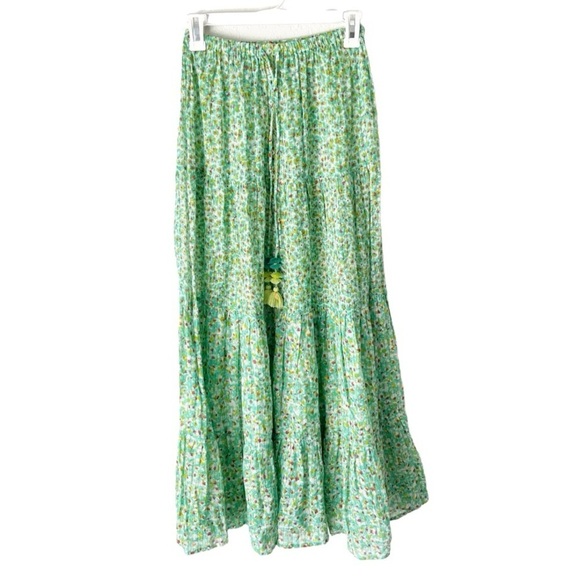 Poupette St. Barth Maxi Skirt Women's Small Green Iris Floral Button Tassel NWT